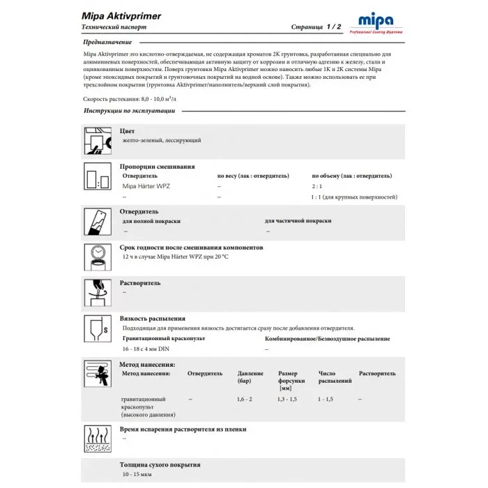 Кислотный грунт для авто Mipa 2K HS Wash Primer (WP) Активпраймер + отвердитель (Мипа 2К ХС Вош Праймер (ВП) Активпраймер)