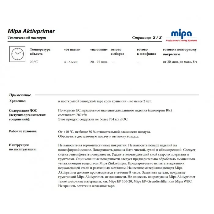 Кислотный грунт для авто Mipa 2K HS Wash Primer (WP) Активпраймер + отвердитель (Мипа 2К ХС Вош Праймер (ВП) Активпраймер)